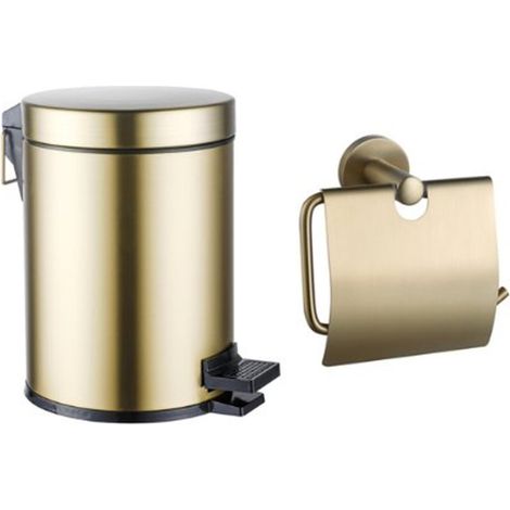 FugaFlow Eccelente Ensemble d'accessoires pour toilettes - porte-rouleau de papier toilette - avec couvercle - poubelle à pédale - 5 litres - laiton (1/3)