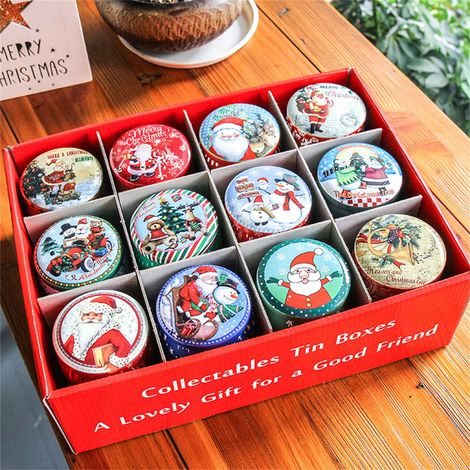 Boîte En Fer Blanc - Boîte À Biscuits Noël - 7 5 X 7 5 X 6 5 Cm - 12 Pièces - Motifs Festifs Variés