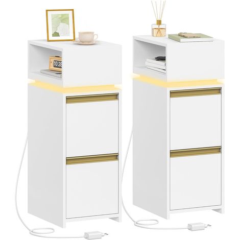 Table de chevet étroite lot de 2 – 2 tiroirs – Lumière LED réglable – Dimensions 30x24x66,1 cm – Design moderne et simple (1/5)
