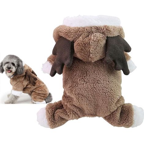 Déguisement de Noël pour chien et chat taille M, longueur de dos 29 cm, costume d’élan avec capuche, tenue festive pour petits animaux, marron (1/5)