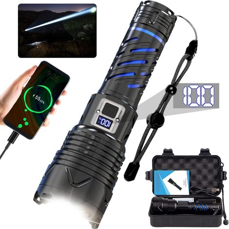 Lampe de poche rechargeable, lampe de poche puissante super lumineuse à faisceau long de 20000 lumens élevés, 5 mode, zoomable, imperméable, lampe de poche tactique pour le camping de randonnée (1/5)