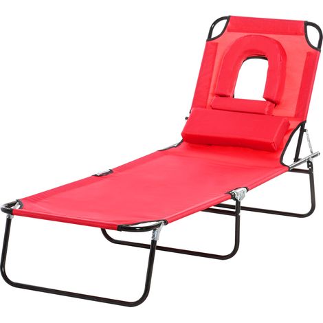 Bain de Soleil Pliable transat inclinable 4 Positions Chaise Longue 3 Coussins fournis Rouge