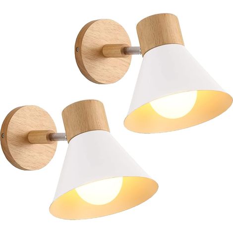 2pcs Aplique de Pared Interior Regulables Lámparas de Pared Moderna Industrial Madera E27 para Dormitorio, Salón, Pasillo Café - Ø18cm, Blanco (1/5)