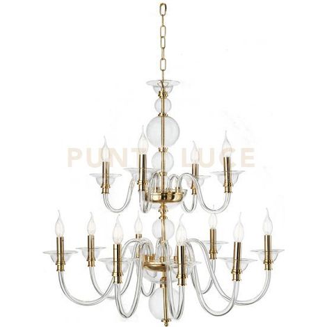 LAMPADARIO TEBE 12 LUCI TRASPARENTE E ORO ATTACCO E14 D.87CM