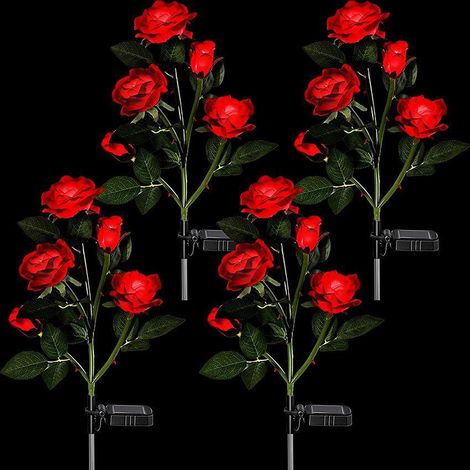 Lot de 4 lampes solaires d'extérieur en forme de roses décoratives pour jardin, cour, patio, allée, étanche à la pluie, rouge