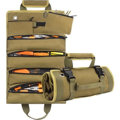 Sac à outils, petit sac de rangement enroulable pour outils, organisateur d'outils robuste avec 2 sacs à outils amovibles, cadeau d'outillage pour Noël ou un anniversaire (kaki) (1/5)