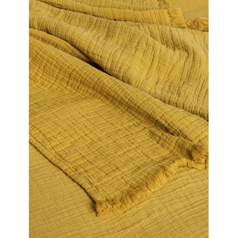 Couvre lit à franges "Brehat" Gaze de Coton stonewashed Toison d'or - Brehat Miel - 180 x 250 cm - Brehat Miel -