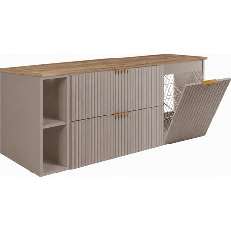 Set di mobili da bagno, 2 cassetti, 1 anta, chiusura ammortizzata, Cashmere / piano Rovere Chiaro, maniglie dorate, 140 x 46 x 57 cm (1/5)