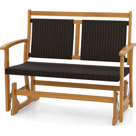 COSTWAY Outdoor Glider Bench Acacia Wood Porch Glider with Rattan Backrest (1/5)