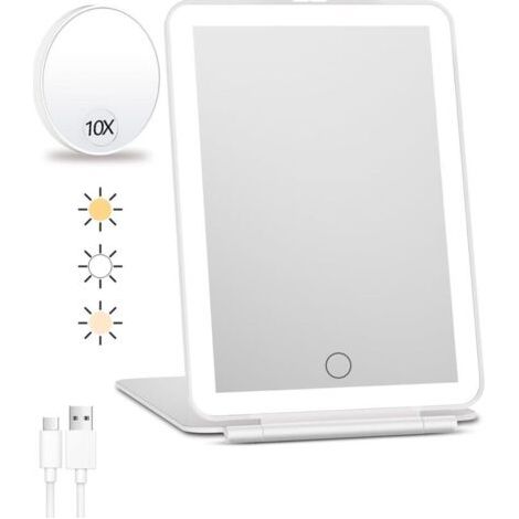 BUNTHAUS Miroir de maquillage de voyage rechargeable avec lumière, miroir grossissant x10, miroir de courtoisie portable, éclairage 3 couleurs, gradation