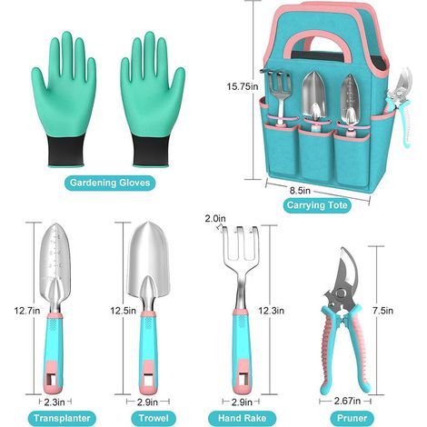 Ensemble de 5 outils de jardinage rose et bleu « Macaron » — Sac de rangement inclus — Kit domestique pour ameublir la terre, transplanter et tailler (1/2)