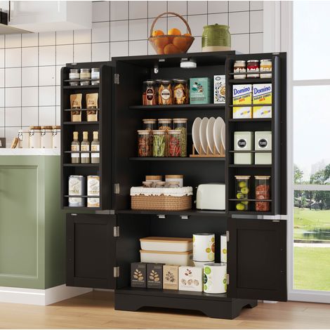 MODFU – Meuble rangement cuisine 120x60x40 cm MDF noir – LED capteur et étagères réglables – Noir (1/5)