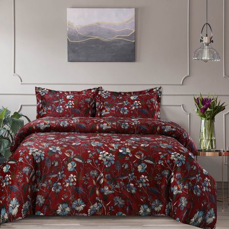 Parure de lit 3 pièces en Velours à imprimé Floral, Douce au Toucher, surdimensionnée, Comprenant Une Housse de Couette et des taies d'oreiller, Grenat Amara (1/5)