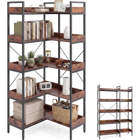 COSTWAY Libreria Angolare a 5 Livelli, Scaffale Alto in Legno (Marrone) (1/5)