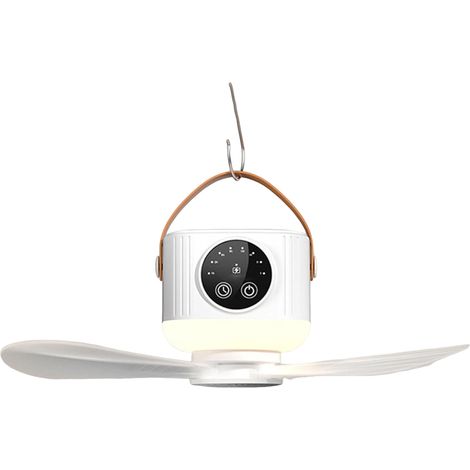 Mini-Deckenventilator mit USB, Campingzeltventilator mit Licht, Fernbedienung, 3 abnehmbaren Ventilatoren, 3600-mAh-Akku, wiederaufladbar, Timer, 4 Windgeschwindigkeiten (Weiß mit Stativ)
