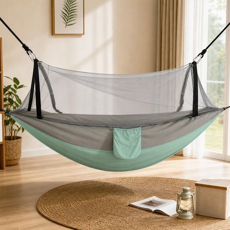 Hamac avec Moustiquaire 260 x 140 cm Toile Vert Clair - Hamac de Camping Double Anti-moustique (1/5)