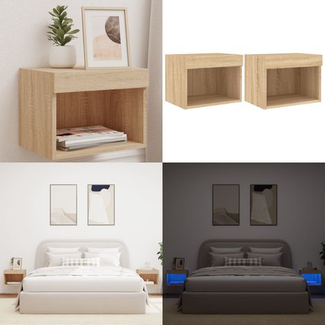 Tables de chevet murales avec lumières LED 2 pcs chêne sonoma - Table De Chevet Murale - Luminaire Led - Éclairage RGB - Meubles Tv - Commode - Home & Living (1/5)