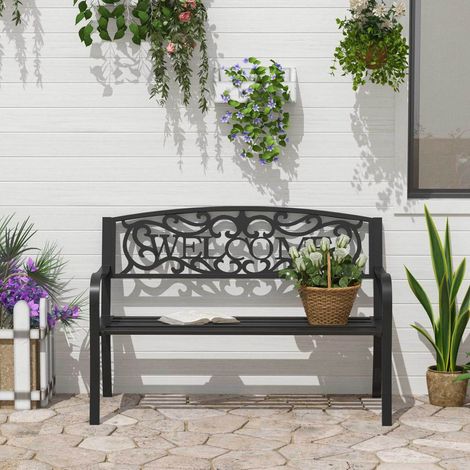 Banco de jardín 127x60x87 cm, respaldo con motivo decorativo WELCOME, para 2 personas, hierro negro (1/5)