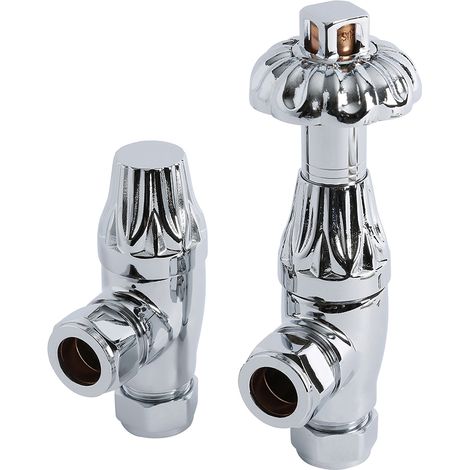 Milano Windsor Antique Style Angled Heated Towel Rail Radiator Thermostatic Valves Pair - Chrome