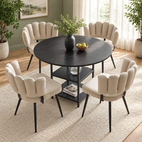 Conjunto de mesa redonda 107 cm y 4 sillas, doble almacenaje, negro y marrón claro DESVIAE (1/5)