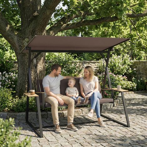 Columpio de jardín de 3 plazas con toldo ajustable, columpio metálico para exteriores con bandejas portavasos, cojines acolchados, capacidad de carga de 360 kg, para terraza o balcón, 222 x 131 x 175 (1/5)