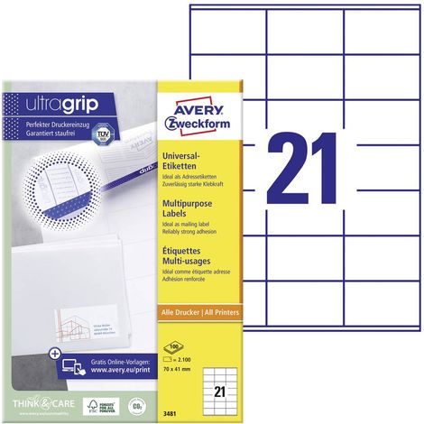 Avery-Zweckform 3481 Etichetta universale 70 x 41 mm Carta Bianco 2100 pz. A tenuta permanente Stampante a getto d'inch (1/5)