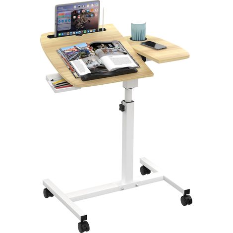 Bureau Debout Ergonomique avec Tiroir, Porte-Gobelets et Fente pour Cartes - Table Roulante Réglable en Hauteur (59-89cm) Plateau Bois Durable + Structure Métallique - Dimensions 60x40x59-89cm (Idéal (1/5)