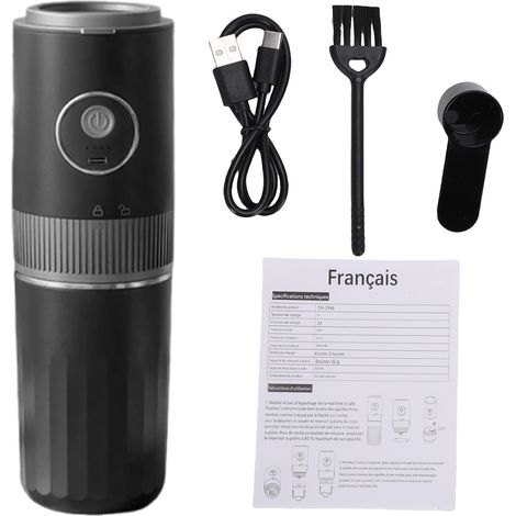 Machine à café électrique portable rechargeable avec broyeur et cafetière à filtre, tasse en acier inoxydable, 7 réglages de mouture, idéale pour les voyages, le camping, le bureau et la maison (noir) (1/5)