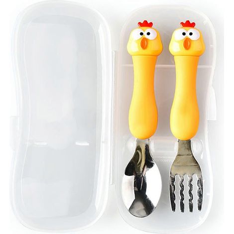 Cuillère et fourchette bébé en acier inoxydable, manche plastique, couverts d'apprentissage pour enfants, set de table pratique pour nourrissons (1/3)