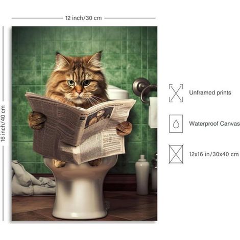 Affiche Decoration Murale Salle de Bain en Toile, Chat Marrant Assis dans les Toilettes Lisant le Journal, Art Green TABLEAU (1/5)