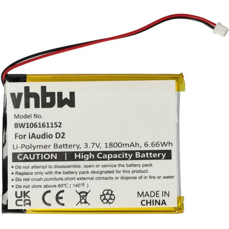 vhbw Batería recargable compatible con Cowon iAudio D2 16GB, D2 2GB, D2 4GB, D2 8GB reproductor de música MP3 (1800 mAh, 3,7 V, polímero de litio)
