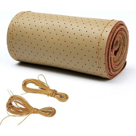 Housse de volant en cuir beige à trous, avec tresse sur le volant, 38 cm, en microfibre de cuir. (1/5)
