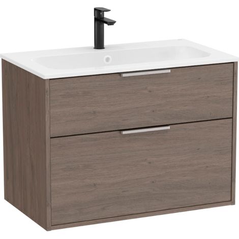 Pack meuble unik "OPTICA" 800 - 2 tiroirs + lavabo plan en Stonex - Chêne Foncé - Roca (1/2)
