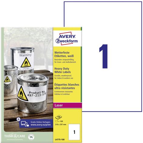 Etichetta in plastica Avery-Zweckform L4775-100, bianca, rettangolare con angoli arrotondati, in poliestere opaco, adesivo permanente, formato A4, 210 x 297 mm, confezione da 100 pezzi (1/5)