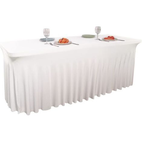 Jupe de table extensible de 1.8 m pour tables rectangulaires avec dos ouvert, housse de table rectangulaire en élasthanne pour terrasse, mariage, fête,Blanc (1/4)