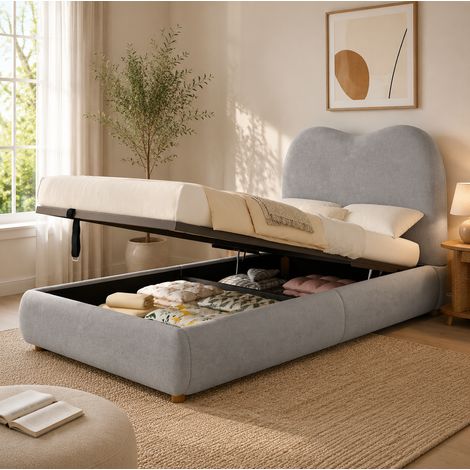 Cama infantil con almacenamiento de 90x200 cm con compartimento hidráulico, cabecero acolchado, somier de láminas y funda de lino gris (1/5)