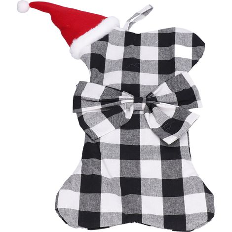 Décorations de sapin de Noël en polyester à motif quadrillé, chaussette de Noël à suspendre, pendentif, sac cadeau pour enfants (noir et blanc) (1/5)