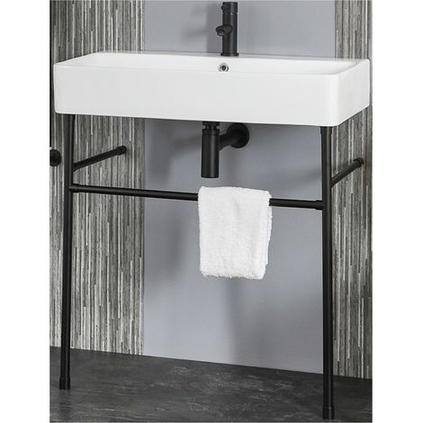 Milano Farington White Ceramic Bathroom Basin Sink with One Tap Hole and Black Washstand - 810mm x 415mm