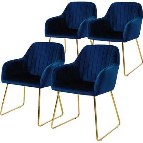 ML-Design Esszimmerstühle 4er Set, Sitzfläche aus Samt, Blau, Wohnzimmerstuhl mit Rücken- und Armlehnen, Küchenstuhl Gold Beine, Polsterstuhl mit Metallgestell, Ergonomische Sessel für Esstisch (1/5)