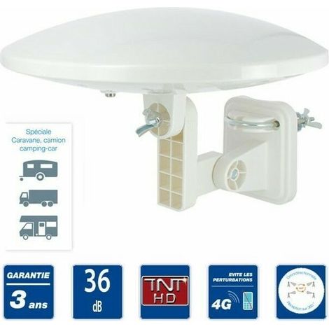 Antenne TNT HD omnidirectionnelle 36 dB – Fixation universelle – Pour camping-car, caravane et bateau – Alimentation 12-24V – Hdme (1/2)