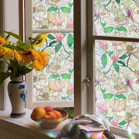 Film Intime pour Fenêtre Autocollant Vitrail Floral, Vitrophanie Statique Décorative Bloquant les UV, Revêtement en Vinyle Amovible Fleurs de Magnolia, 17,5 x 78,7 Pouces (1/5)
