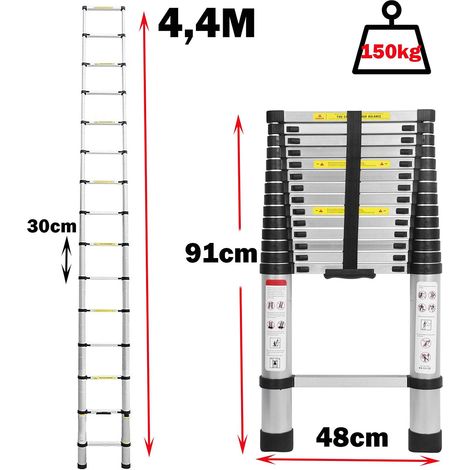 14.4FT Échelle télescopique légère 4,4m Echelle Pliante Aluminium avec Le mécanisme de rétraction, Charge Maximale 150kg, Sûre et Solide, Extensible Ladder (1/5)
