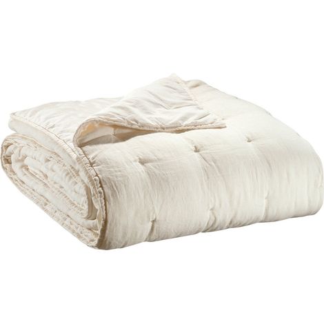 Couvre-lit et Jeté de Lit en Lin et Coton Lavé Stonewashed Coloris Craie 180 x 260 cm - PANGIVO (1/3)
