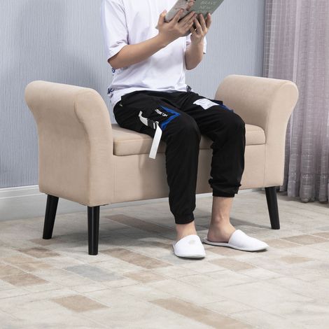 Polsterbank mit Stauraum, Truhenbank mit Armlehnen, 46 cm Sitzhöhe, samtartiges Polyester, 111,5 x 41 x 65 cm, Beige