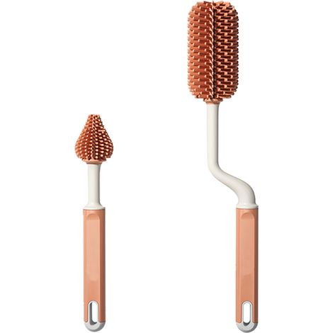 Brosse de nettoyage en silicone orange pour biberons et gourdes – long manche éliminant résidus, nettoyage profond adapté aux tétines et seins. (1/5)