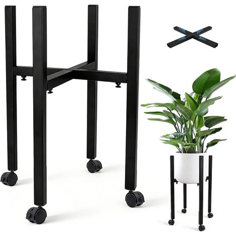 Support de fleurs en métal noir réglable avec 4 roulettes, tabouret de fleurs et support pour plantes haut pour pots de 24 à 38 cm, intérieur et extérieur (1/5)