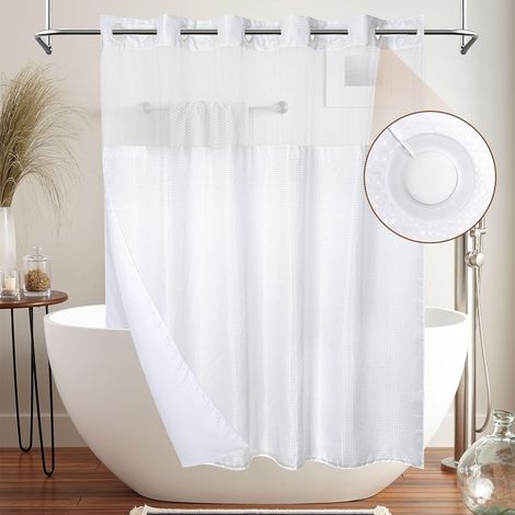 Nannigr Rideau de douche de 180 x 180 cm, tissage gaufré avec doublure en tissu à clipser, pas besoin de crochets, style hôtel avec fenêtre sur le dessus en maille, blanc