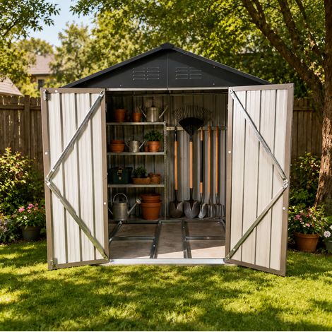 Capanno da giardino in metallo zincato 184,4 x 127,2 x 191,5 cm marrone e nero OKWISH (1/5)