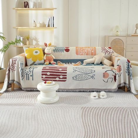 Multifonction Jeté de Canapé Grande Taille, Réversible Couvre Canapé Jete de Canape Polyvalente,Grande Couverture avec Frange délicate 180 x 230cm-Chatons (1/5)
