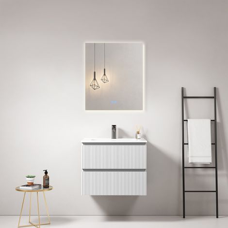 Mobile bagno sospeso cannettato 60 cm Bianco Lavabo in Ceramica Specchio Quadro Retroilluminato - Fiji Paint